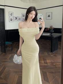 Modelyn Váy cưới/tiệc tùng trễ vai nhún eo thanh lịch cho nữ - Màu be - Xem 4