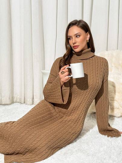 Auralis 大码女装秋冬时尚休闲宽松舒适日常棕色高领喇叭袖长款毛衣连衣裙，秋季服装，冬季连衣裙女，曲线连衣裙