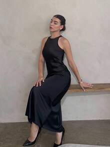 Andrea Bello Minimalist Chic Asymmetric Bias-Cut Double-Sided Satin-Like Fabric A-Line Sleeveless Long Dress For Women, Flattering And Versatile - Black - View 1