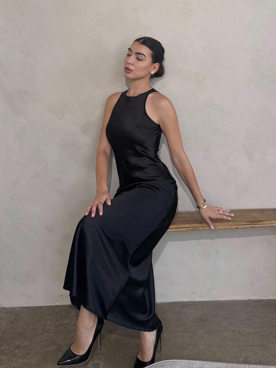 Andrea Bello Minimalist Chic Asymmetric Bias-Cut Double-Sided Satin-Like Fabric A-Line Sleeveless Long Dress For Women, Flattering And Versatile - Black - View 1