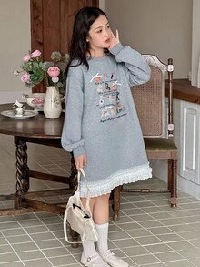 DAZY 女童圆领针织保暖内衬印花长袖连衣裙，秋季 - 灰色 - 查看 7