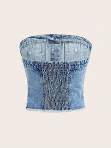 SHEIN PETITE Women's Casual Front Button Cropped Denim Top