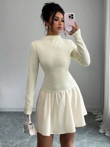 Elenzga 女式2025秋季优雅高端修身纹理面料长袖迷你连衣裙 - 淡黃色 - 查看 5