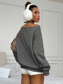 Flirla Women's Floral Print Off Shoulder Sweatshirt - Dark Grey - View 2