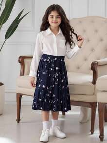 Tween Girl Floral Print Pleated Skirt - Navy Blue - View 4
