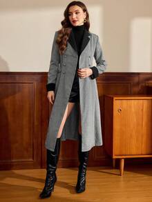 Vintamour 复古经典优雅女士常规款外套，秋冬修身撞色翻领外套，双排扣外套，金属纽扣外套，黑白长袖外套，提花大衣，秋冬女装，女士冬季服装，女士冬季外套，新年女装 - 黑與白 - 查看 6