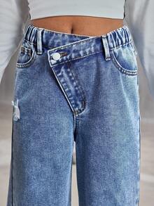 SHEIN Jeans casuales para niñas preadolescentes con cierre de cremallera y cinturilla asimétrica, versátiles para exteriores, fiestas y uso diario - Azul lavado medio - Ver 4