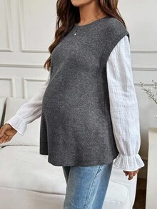 SHEIN 孕妇圆领长袖宽松休闲T恤 - 灰色 - 查看 7