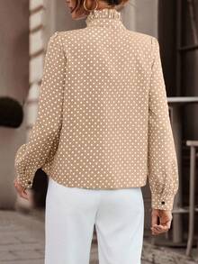 Pariaura Áo cánh nữ cổ đứng tay dài họa tiết chấm bi viền bèo nhún thanh lịch - Màu be - Xem 2