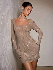 SHEIN BAE Autumn Solid Color Nude Color Rhinestone Crystal Shiny Long Sleeve Square Neck Bodycon Mini Dress, Nude Color Dress, Elegant Dress Suitable For Party, Nightclub, Cocktail Party, Banquet, Night Out, Ball,Halloween, Christmas,Winter Dress Women ,Fall Clothes For Women,Christmas Party Dress,New Year Dress,Elegant Dress Women,Wedding Guest Dress, Sequin Dress