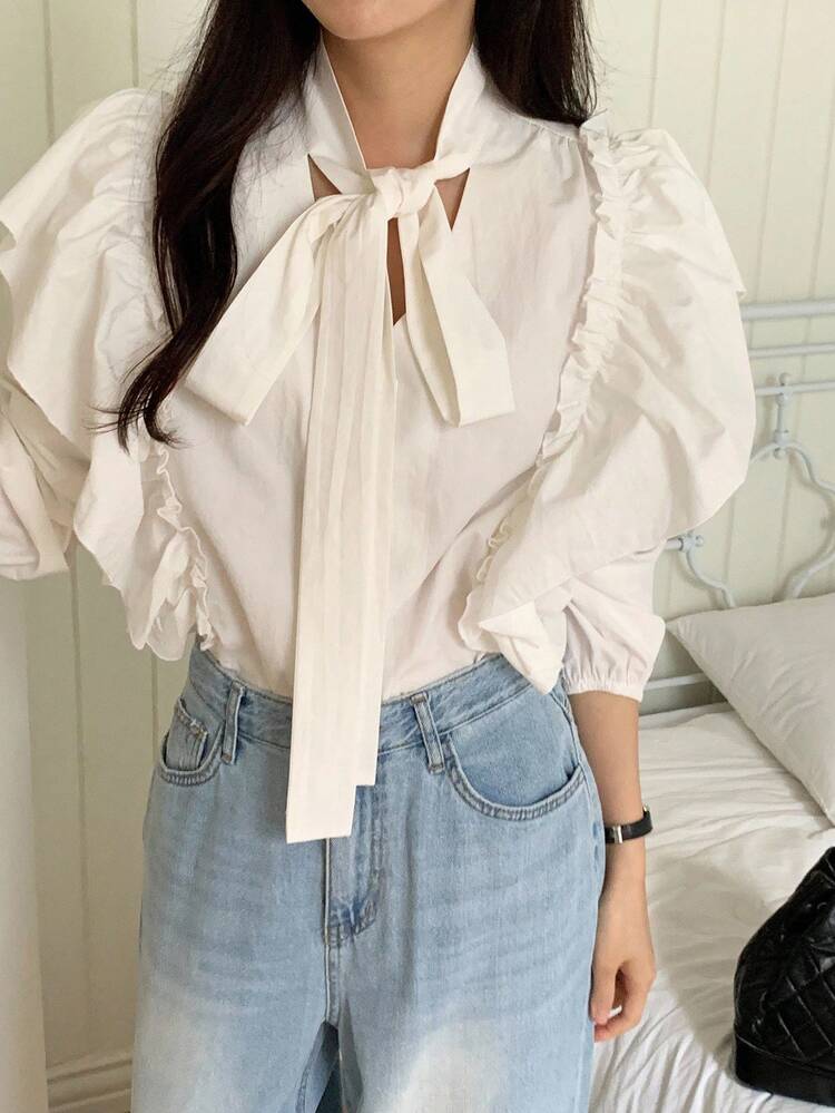 Women's Cap Sleeve Korean Style Elegant Long Sleeve Blouse, Autumn/Winter