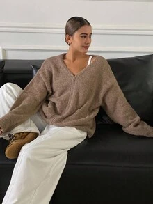 Livesso Cárdigan holgado con cremallera y cuello en V para mujer, otoño - Marrón - Ver 5