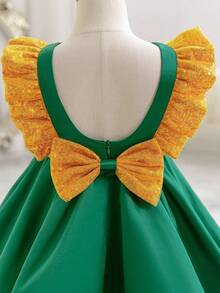 Glamorique Kids Girls Christmas Princess Dress,Sage Green,Summer,Elegant,7th Birthday Party Wear Santa New Year's Dress Satin Gold Sequin Flutter Sleeves Bow Back - Dark Green - View 3