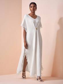 Zivah Vacation Casual Solid Color Fringe Decor Side Slit Knit Dress - White - View 4