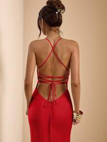 SHEIN BAE Váy đuôi cá satin dài, hở lưng, cổ chữ V sâu màu mơ và trắng, dây mảnh, dáng suông, buộc nơ, đầm thanh lịch, đầm đi nghỉ, đầm phù dâu, đầm dự tiệc sinh nhật, đầm tốt nghiệp, đầm trắng - Đỏ - Xem 8
