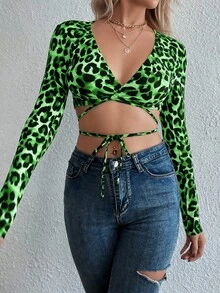 Chiquease Women's Y2K Leopard Print Criss-Cross Design Long Sleeve Cropped Fitted Sexy Top Green Leopard Print Top Long Sleeve Crop Tops Tie Front Crop Top Leopard Top - Green - View 3