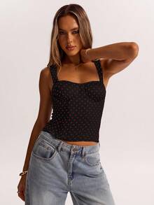 SHEIN BAE 女士约会之夜女友聚会生日派对夜店假日派对优雅波点上衣，女友聚会，约会，日常通勤束身衣，性感夏季上衣 - 紅色和黑色 - 查看 6