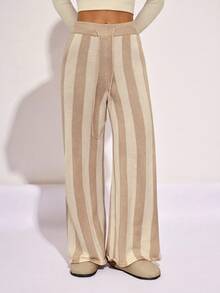 SHEIN PETITE Women Drawstring Waist Striped Knit Sweater Pants , Fall Winter - Multicolor - View 6