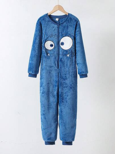 Toddler & Big Boys' Funny Monster Graphic Fleece Zip-Up Jumpsuit, Cute Graphic Design, Warm Winter Matching Family Outfit Fall Pajamas For Kids With Plushy Winter Pajamas