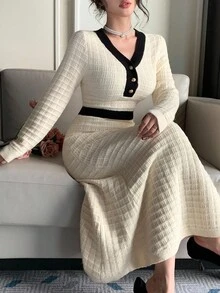 DAZY Gaun Sweater Patchwork Blok Warna Elegan untuk Wanita, Musim Gugur - Krem - View 1