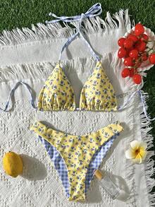 Swim Mod 新款女式夏季两件套随机花卉格子印花三角吊带比基尼上衣和下装套装，海滩度假泳装