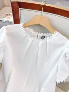 GlowEve CURVE Women's Elegant Casual Solid Color Lace Patchwork Ruffle Collar Flared Sleeve Blouse - White - View 7