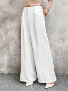 SHEIN Unity Pantalones anchos casuales con pliegues, cintura alta y bolsillos, unicolor, para mujeres - Blanco - Ver 3
