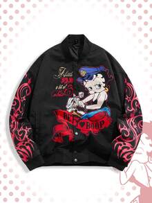 ROMWE MEN Betty Boop | ROMWE Áo khoác bóng chày tay dài họa tiết hoạt hình dành cho nam, cài một hàng khuy, mùa thu - màu đen - Xem 1