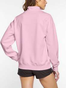 INAWLY Plus Size Casual Solid Color Half Zip Stand Collar Long Sleeve Sweatshirt Graduation,Back To School,Teacher Pullover Fall - Pink - View 2