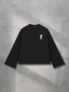 ROMWE MEN Street Life 男士街头暗色图案长袖衬衫，适合秋季，2000 年代风格 - 黑色 - 查看 2