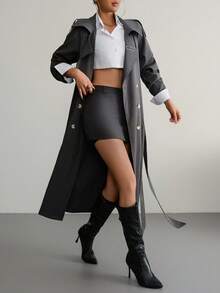 Aidyla Autumn Woven Loose Fit Cinched Waist Lapel Fashion Trench Coat, Grey Long Sleeve - Grey - View 8
