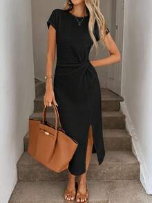 Easowa 1. Elegant midjeklänning med hög slits och ärmlös utsmyckning, avslappnad aprikosfärgad texturerad bodycon-klänning, födelsedagsoutfit för kvinnor, fitnessset för kvinnor, bröllopsklänning för kvinnor, kontorskläder för kvinnor, vit examensklänning - Svart - Visa 2