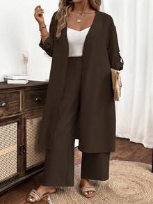 EMERY ROSE Plus-Size Ladies' Woven Leisure Vacation Summer Two Pieces Set - Brown - View 5
