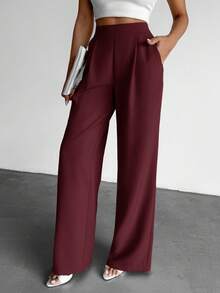 EURMUSE Women's Casual Solid Color Wide Leg Pocket Pants - Burgundy - View 4