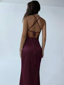 Aloruh Women's Solid Color Minimalist Everyday Cross-Tied Dress,Wedding Guest Dress Women - Maroon - View 2