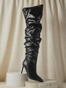 SHUZIA Nuevo bota alta de tacón de mujer sexy de piel sintética negra PU con puntera puntiaguda, cómoda y holgada para otoño, invierno y días festivos - Negro - Ver 3