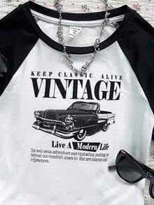 SHEIN Tween Girls Vintage Racing Car Pattern, Teen Girls Casual Minimalist Raglan Sleeve T-Shirt, Suitable For Summer Fall Winter - Black and White - View 5