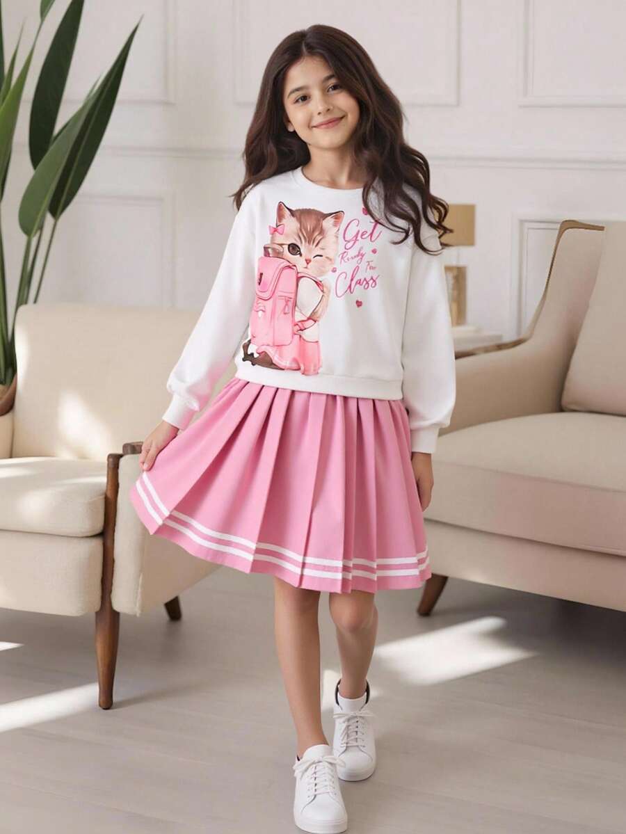SHEIN 2 件套 少女可爱猫咪印花运动衫和百褶迷你裙套装 - 白色 - 查看 1