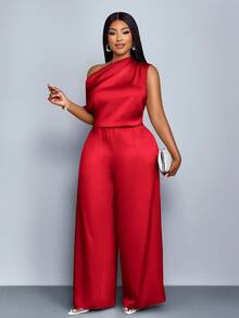 SOLERSUN 大码女装时尚，纯色，优雅，日常旅行，宽松休闲，简约缎面露肩不对称领口，肩部褶裥，短袖，阔腿连体裤。适合派对、音乐会、四季皆宜，圣帕特里克节、复活节等场合。 - 紅色 - 查看 3