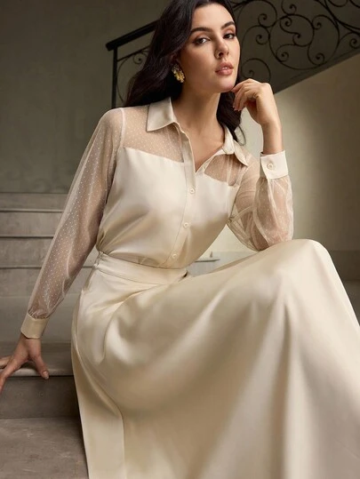 ZEYLAH Elegant Women's Polka Dot Mesh Patchwork Long Sleeve Blouse