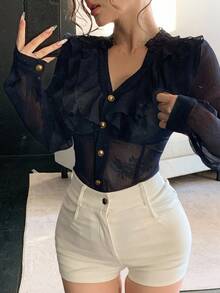 DAZY Women's Layered Ruffle Patchwork Slim Fit Sexy Sheer Chiffon Blouse With Metal Button Decor, Long Sleeve, Suitable For Autumn, Spring & Summer - Navy Blue - View 2