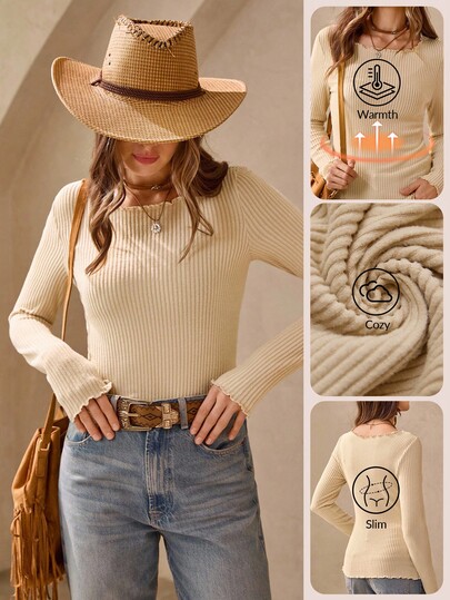 Wildy Bohemian Western Country Basic Tight Fit Turtleneck Sweater, Brown, Thick, Long Sleeve, Autumn/Winter Ribbed Top Women Western Tops Knit Top Summer Tops Long Sleeve Ribbed Top
