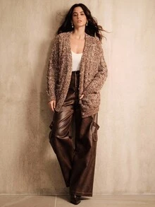 Anewsta V-Neck Loose Knit Mid-Length Cardigan, Coffee Color - Camel - View 7