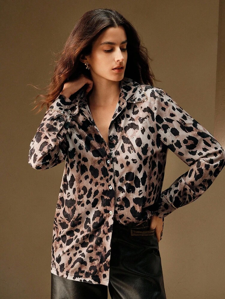 Autumn/Winter Fashionable Leopard Print Urban Chic Pearl Chain Design Women Shirt