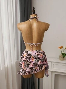 Bellisia Bộ bikini và váy xếp tầng 3 món họa tiết bướm và hoa lan da báo gợi cảm mùa hè, thích hợp cho kỳ nghỉ biển. - Nhiều màu - Xem 2