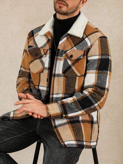 Manfinity Homme Men's Minimalist Plaid Long Sleeve Jacket Fleece Lined Jacket Men Men Shacket Men Flannels Plaid Jacket Men Mens Shirt Jacket