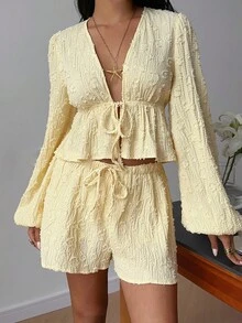 Serisse Women's Lantern Sleeve V-Neck Ruffle Textured Fabric Casual Elegant Top And Shorts 2 Pieces Set Winter - Yellow - View 6