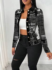 Glyssa 女士休闲日常全印花前扣长袖衬衫，秋季，长袖上衣 - 黑色 - 查看 7