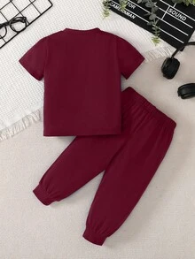 SHEIN Playful Pals 2pcs/Set Baby Boy Casual Color Block Letter Print Short Sleeve Round Neck T-Shirt And Elastic Waist Pants, Suitable For Children's Daily Casual Wear, Boy Outfit, Autumn, Fits 3 Years Old Boy, Infant & Baby Boys Clothing, Autumn Kids Clothes Boys Baby Boy Burgundy Outfit Baby Boy Clothes Baby Boy Fashion - Multicolor - View 3