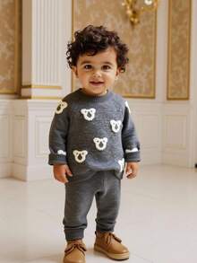 Souflis Souflis 男婴骆驼熊提花针织毛衣套装，面料柔软厚实，适合秋冬休闲穿着 - 深灰色 - 查看 9